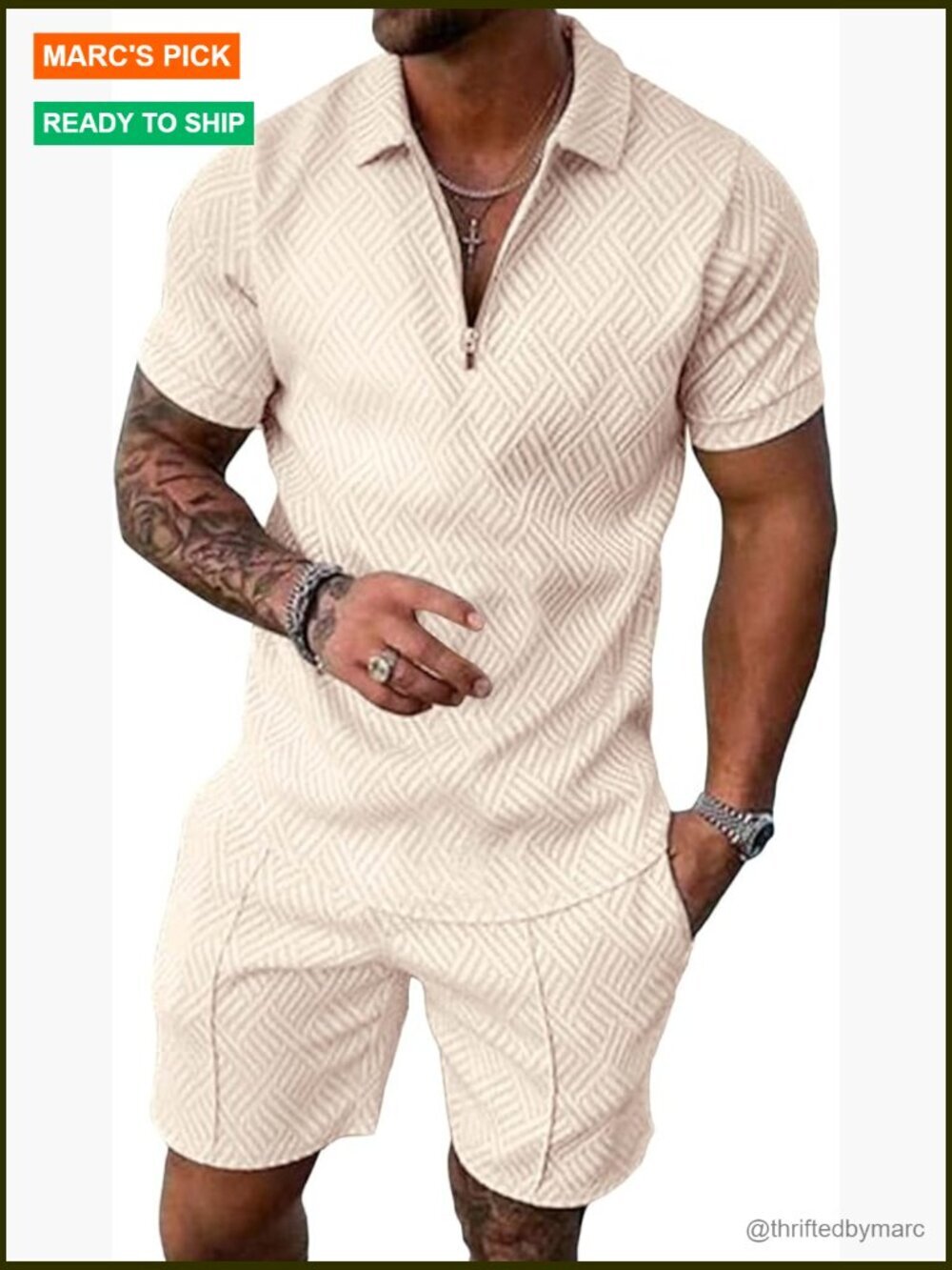 Men's 2-Piece Polo & Shorts Set, Lightweight Fabric, Zip Neck, Athletic Fit